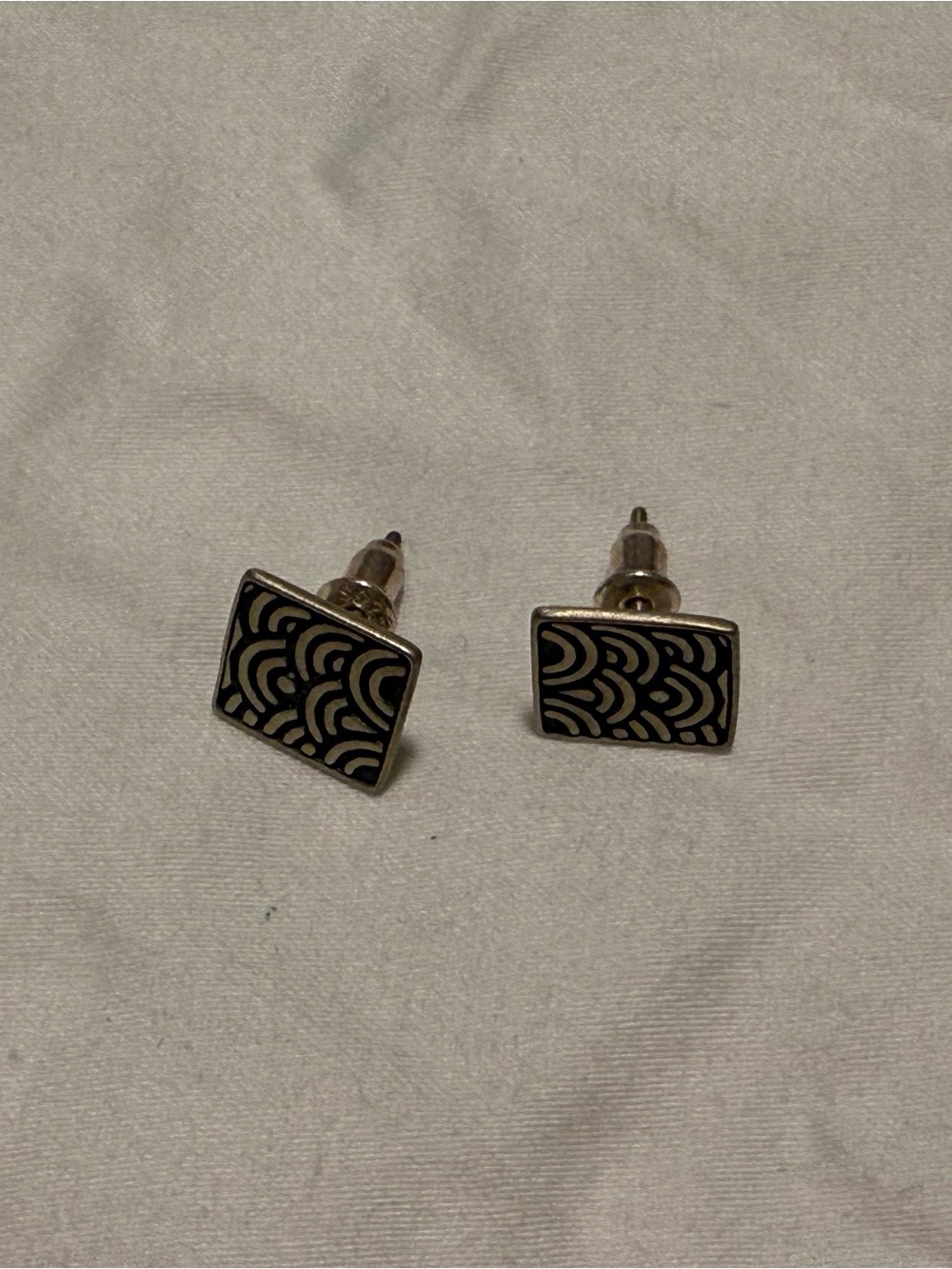 Rectangular Black and Silver Patterned Stud Earrings - Women Accessories